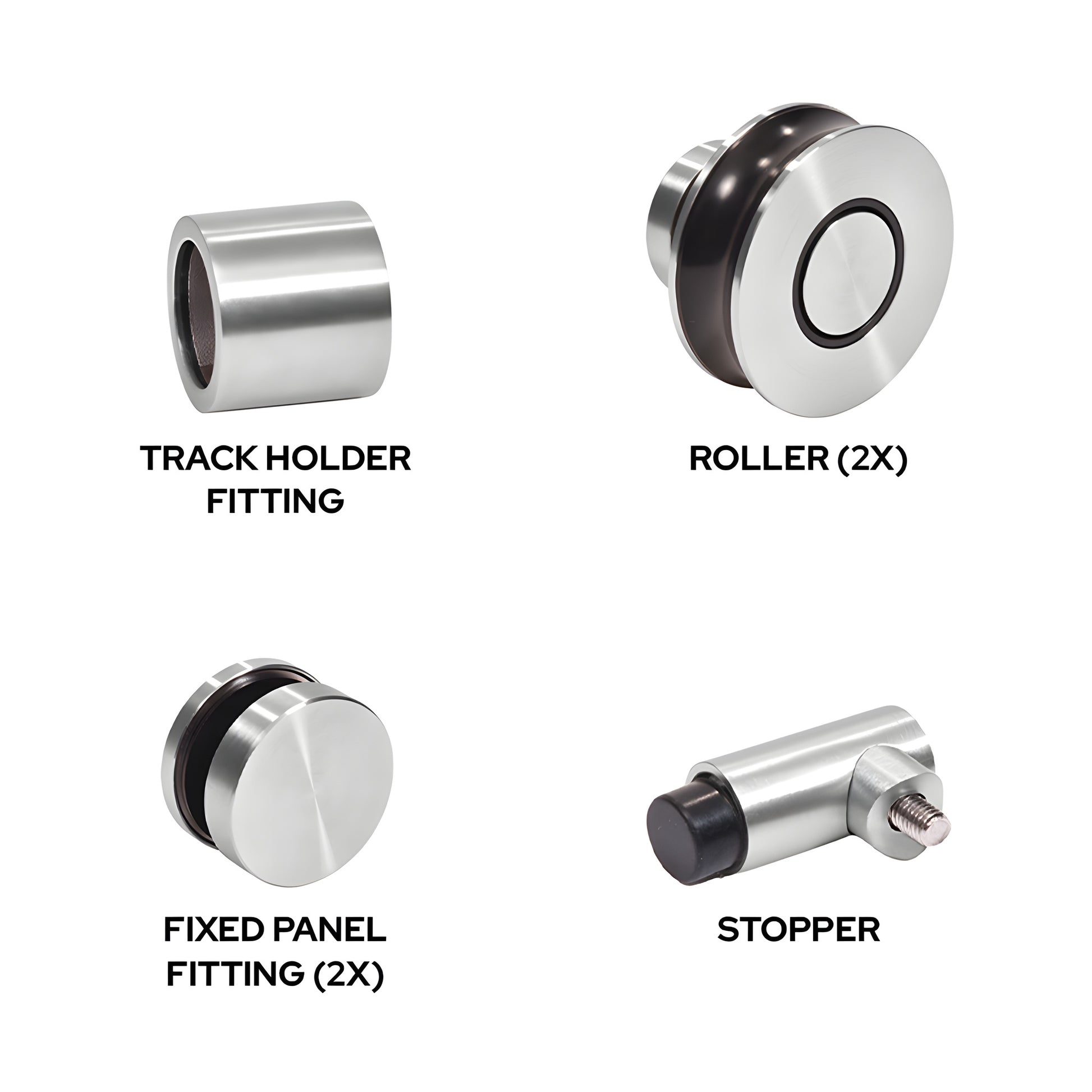 Colonia sliding shower door replacement kit, brushed stainless steel rollers, fittings, wall bracket and stopper