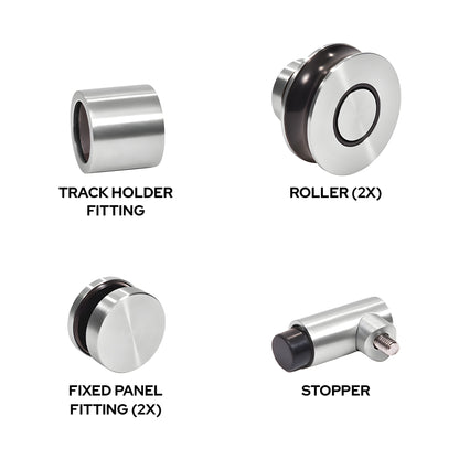 Colonia sliding shower door replacement kit, brushed stainless steel rollers, fittings, wall bracket and stopper
