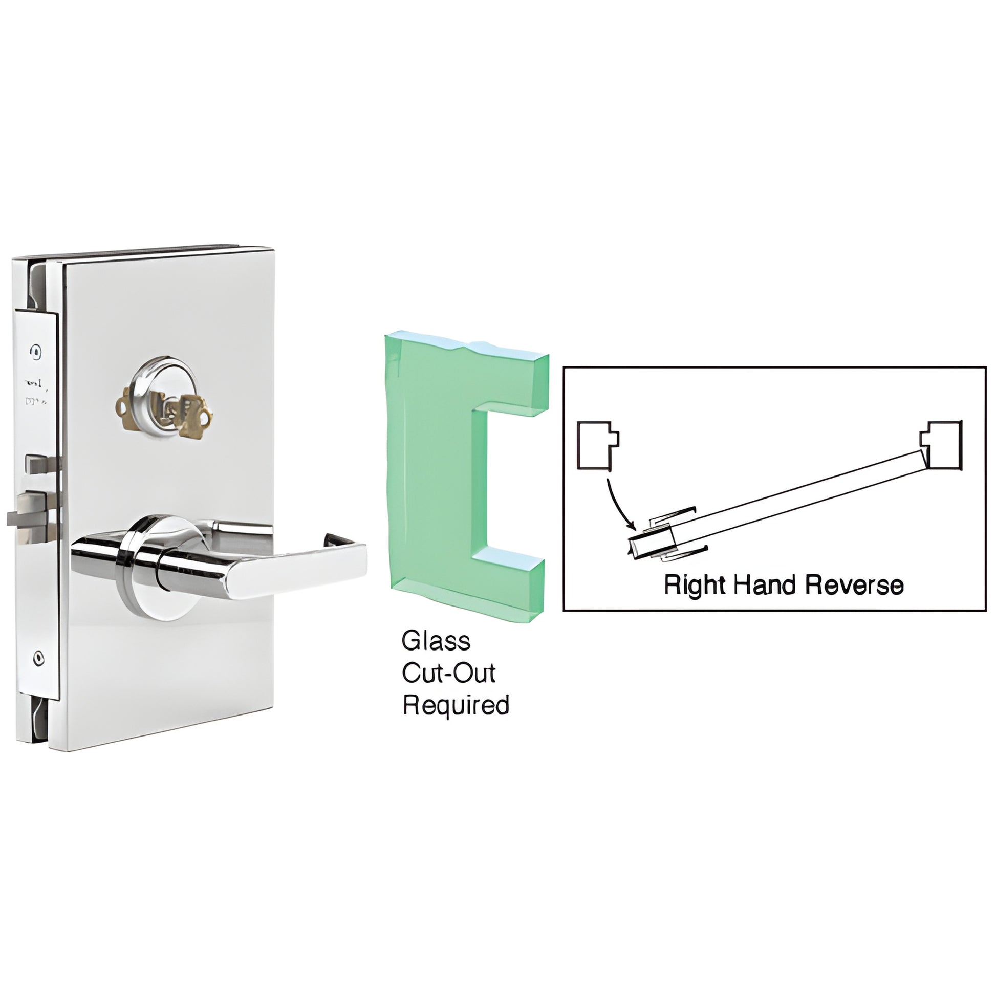 Polished stainless steel center glass door lock (6 10) for 1/2" tempered glass, right-hand, SKU DL611RSPS