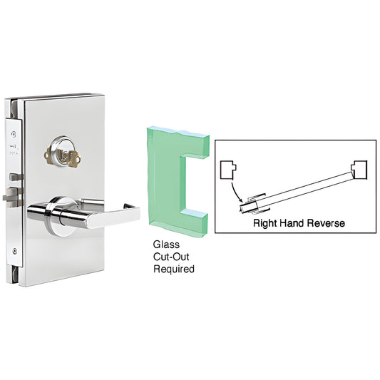 Polished stainless steel center glass door lock (6 10) for 1/2" tempered glass, right-hand, SKU DL611RSPS