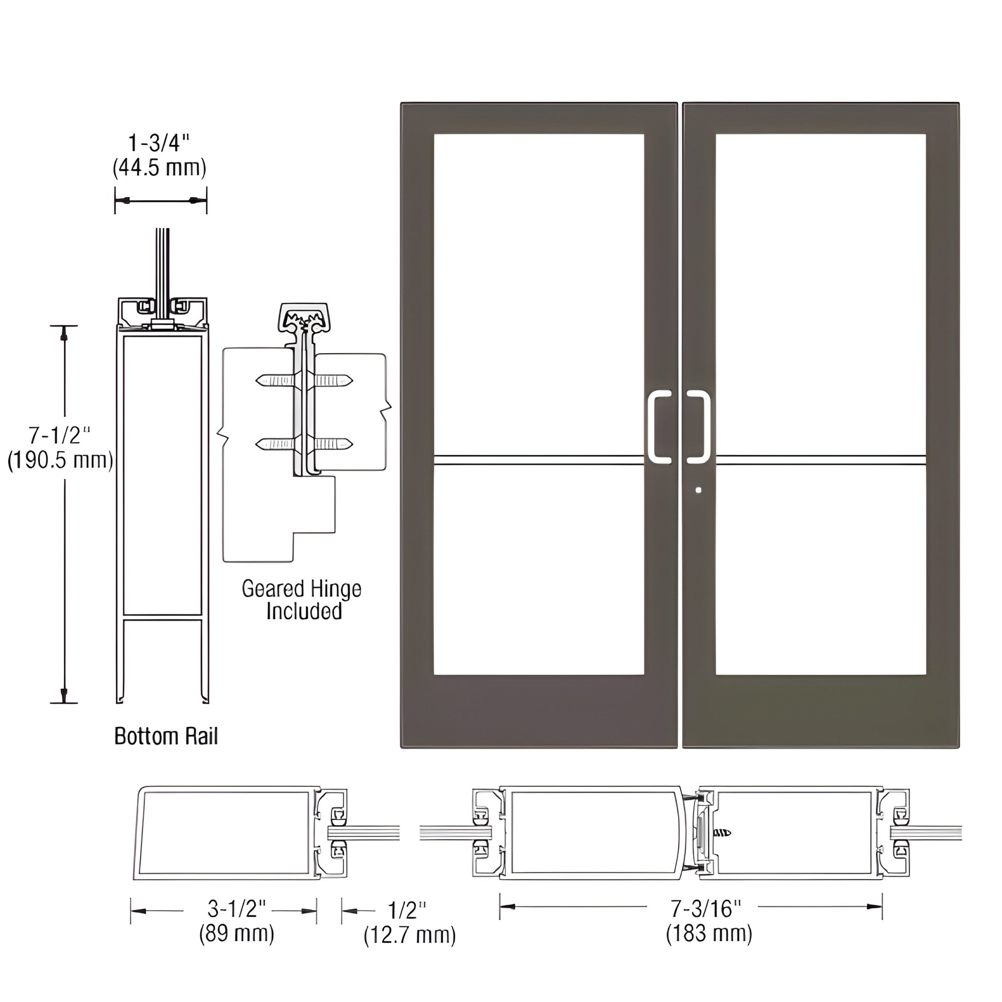 HE42822 black bronze anodized double medium-stile entrance door, 3.5" stiles, 7.5" bottom rail, accepts 1/4" tempered glass