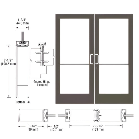 HE42822 black bronze anodized double medium-stile entrance door, 3.5" stiles, 7.5" bottom rail, accepts 1/4" tempered glass