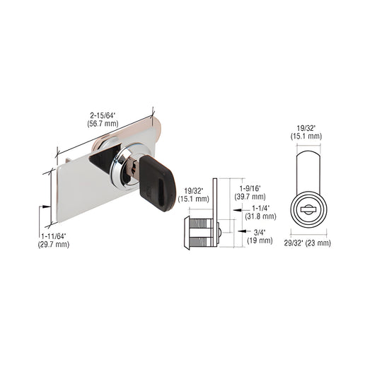 LK30KA polished chrome cam lock for double-swinging glass cabinet doors with key; fits 1/4" glass, requires 3/4" hole