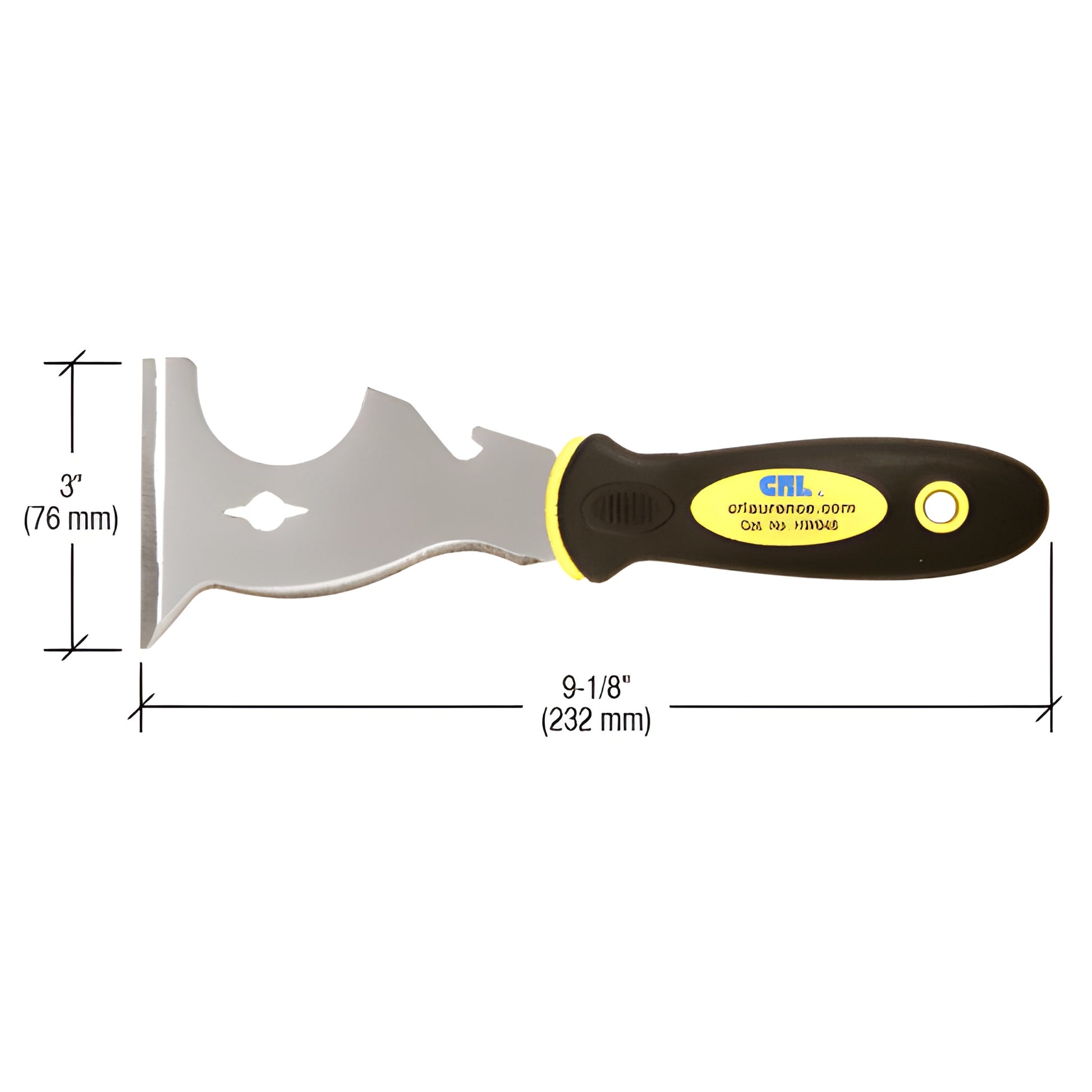 CRL 8-in-1 painter's tool (SKU HW048), 3" scraper blade, black/yellow soft-grip handle, 9-1/8" overall.