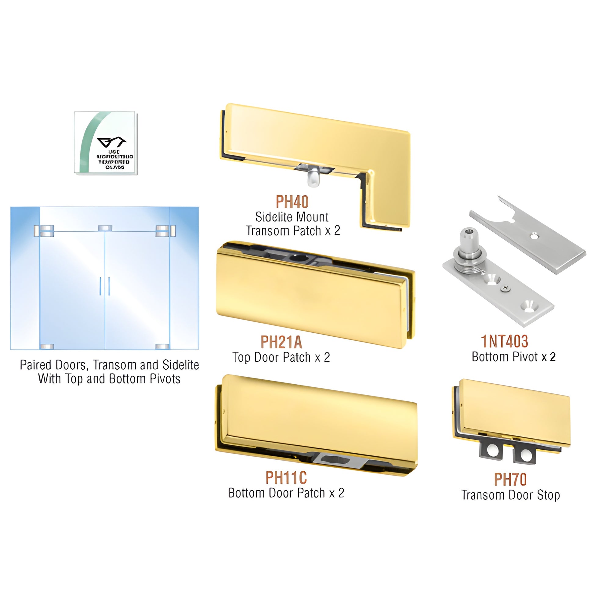 Polished brass patch hardware kit for European double glass doors with transom and sidelites, SKU PHE8BR.