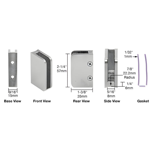 SA96BS brushed stainless steel glass clip for 1/4" (6mm) tempered glass, radius base for 11 2-2" round posts, removable side pl