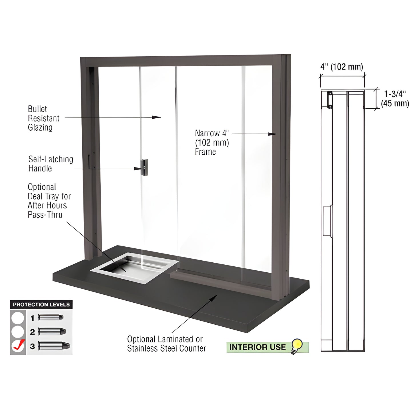 SBRWDU3 bullet-resistant sliding service window with 1-1/4" polycarbonate glazing, aluminum black-bronze frame, self-latching