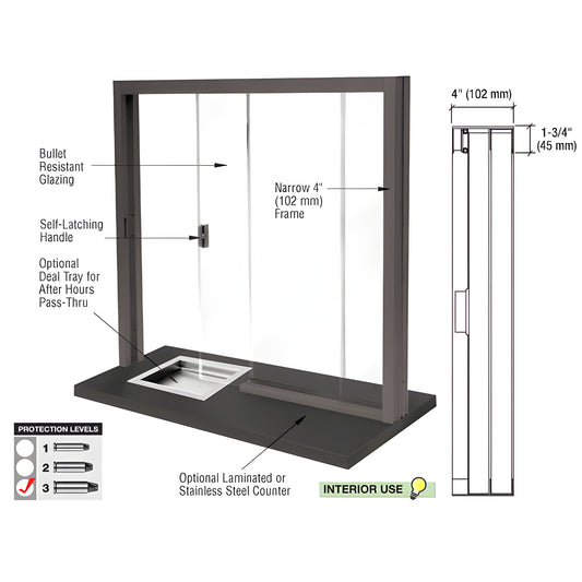 SBRWDU3 bullet-resistant sliding service window with 1-1/4" polycarbonate glazing, aluminum black-bronze frame, self-latching