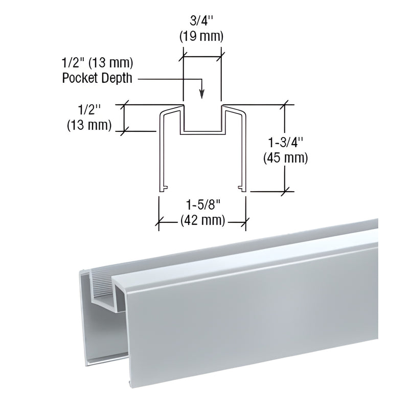 BRGLSM aluminum mill-finish bottom rail for tempered glass, 1-5/8" wide, fits 1/4-1/2" glazing, 1-3/4" tall.