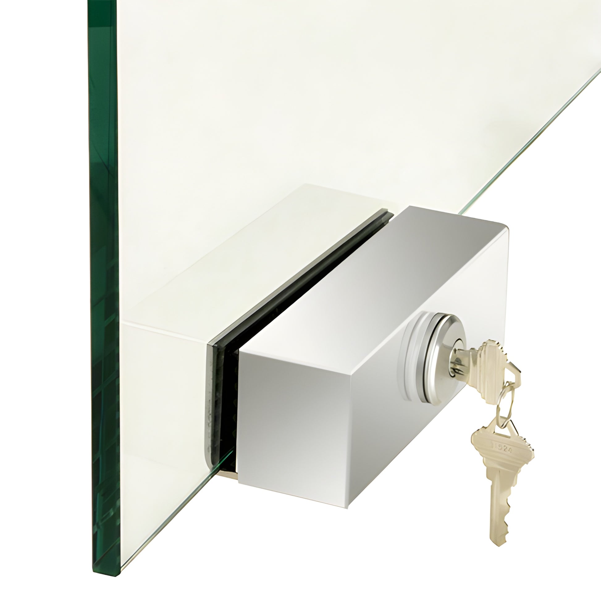 S0L12PS polished stainless slip-on lock on 1/2" tempered glass, key in cylinder