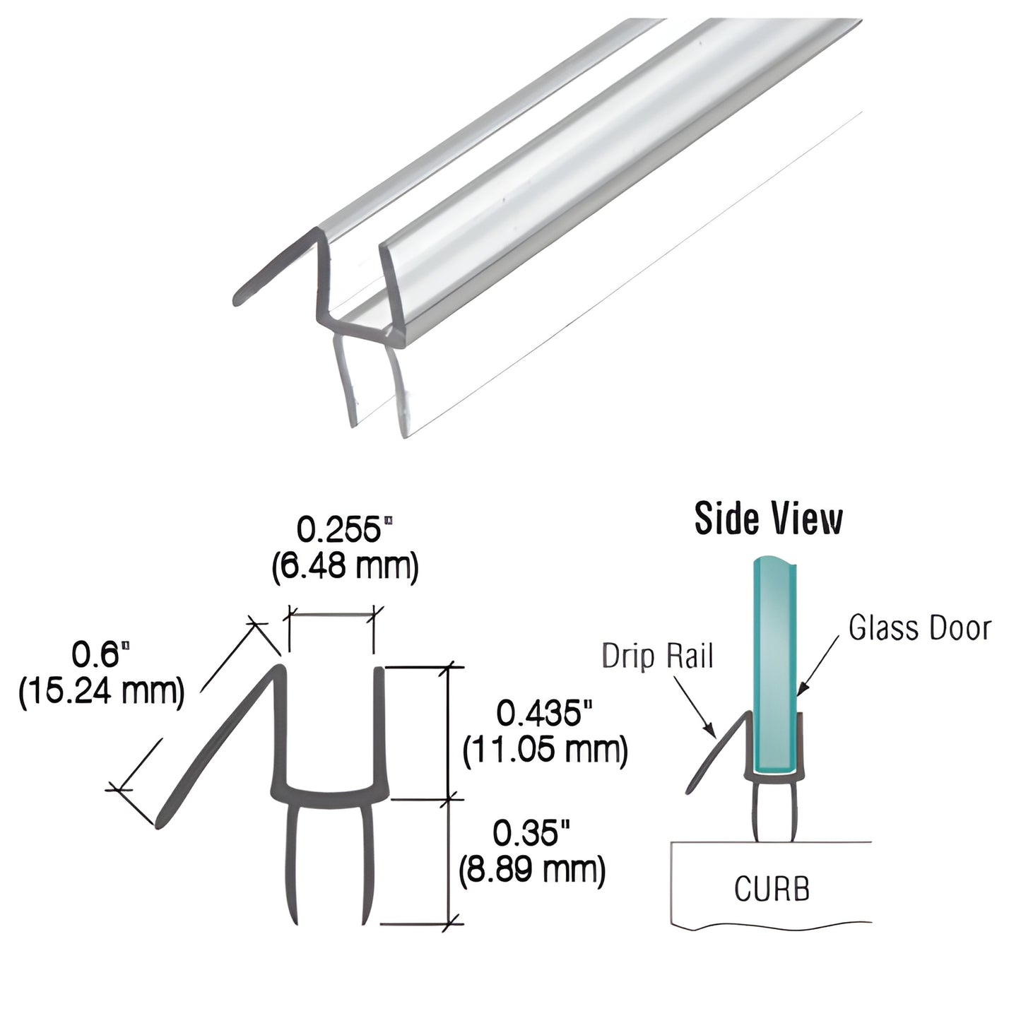 P914WS clear polycarbonate shower door bottom wipe with 45 drip rail, snaps on glass, 1/4" (6mm) x 95" length.
