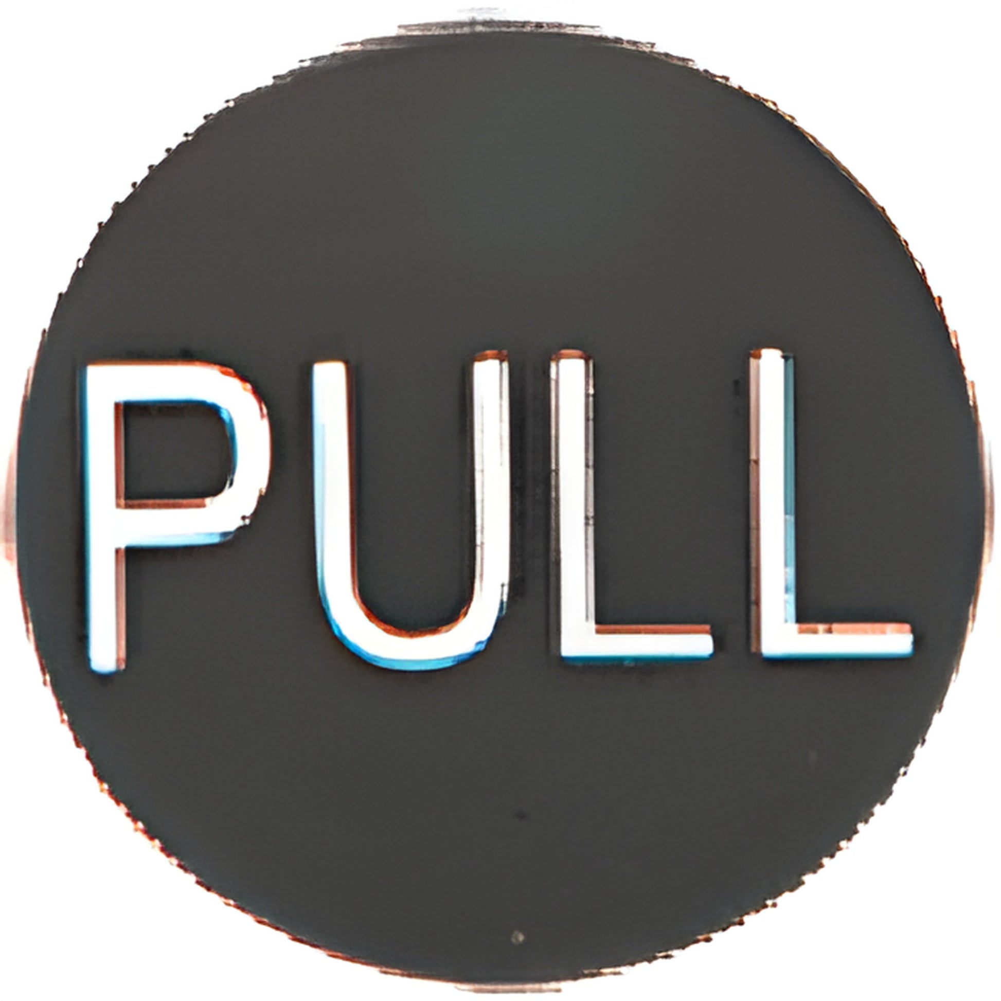 2-inch oil-rubbed bronze brass round pull indicator with etched "PULL" and pre-installed high-bond tape (SKU 2EP0RBPL)