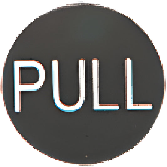 2-inch oil-rubbed bronze brass round pull indicator with etched "PULL" and pre-installed high-bond tape (SKU 2EP0RBPL)