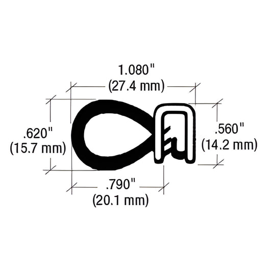 Black push-on trim seal cross-section (SKU 75001364) with neoprene sponge and metal core, dimensions labeled 1.080" .620".