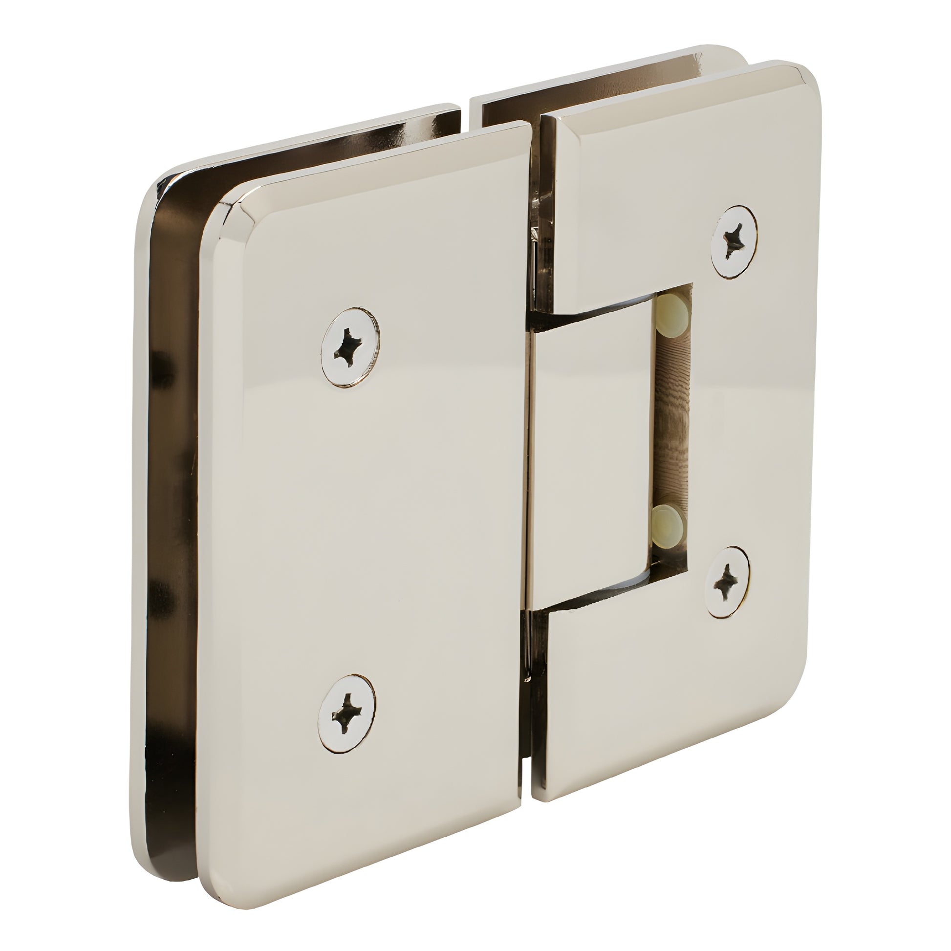 PLY180PN polished nickel 180 glass-to-glass brass shower door hinge, beveled square design for 10-12mm glass
