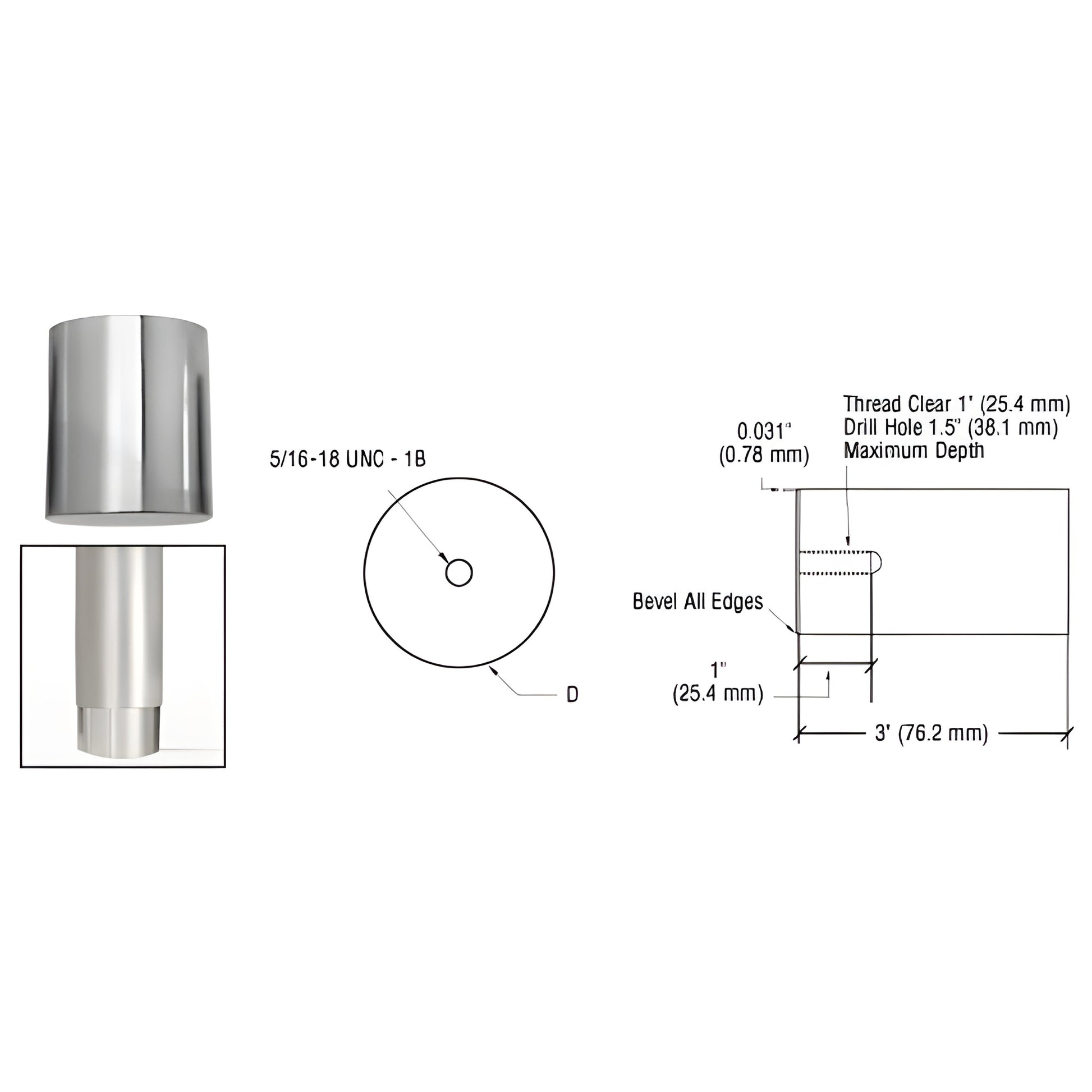 CRL HR20CBM concealed mounting lug, mill finish, cylindrical cap for 5/16-18 bolt mounting of partitions and sneeze guards
