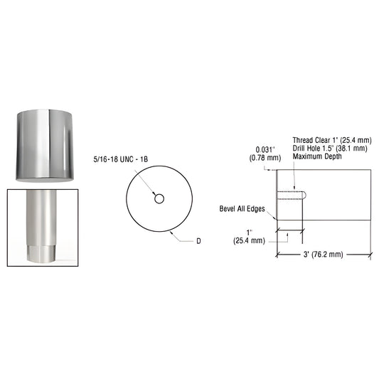 CRL HR20CBM concealed mounting lug, mill finish, cylindrical cap for 5/16-18 bolt mounting of partitions and sneeze guards