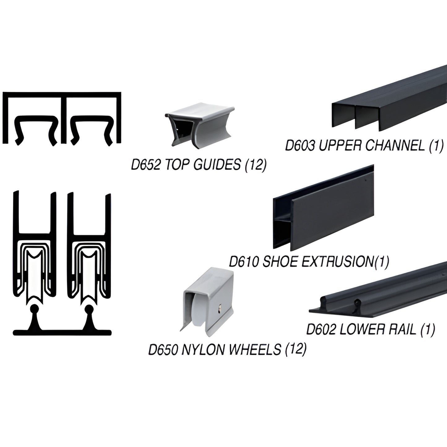 D2203BL flat-black aluminum low-profile rolling track assembly with D650 nylon wheels for 1/4" glass display cases.