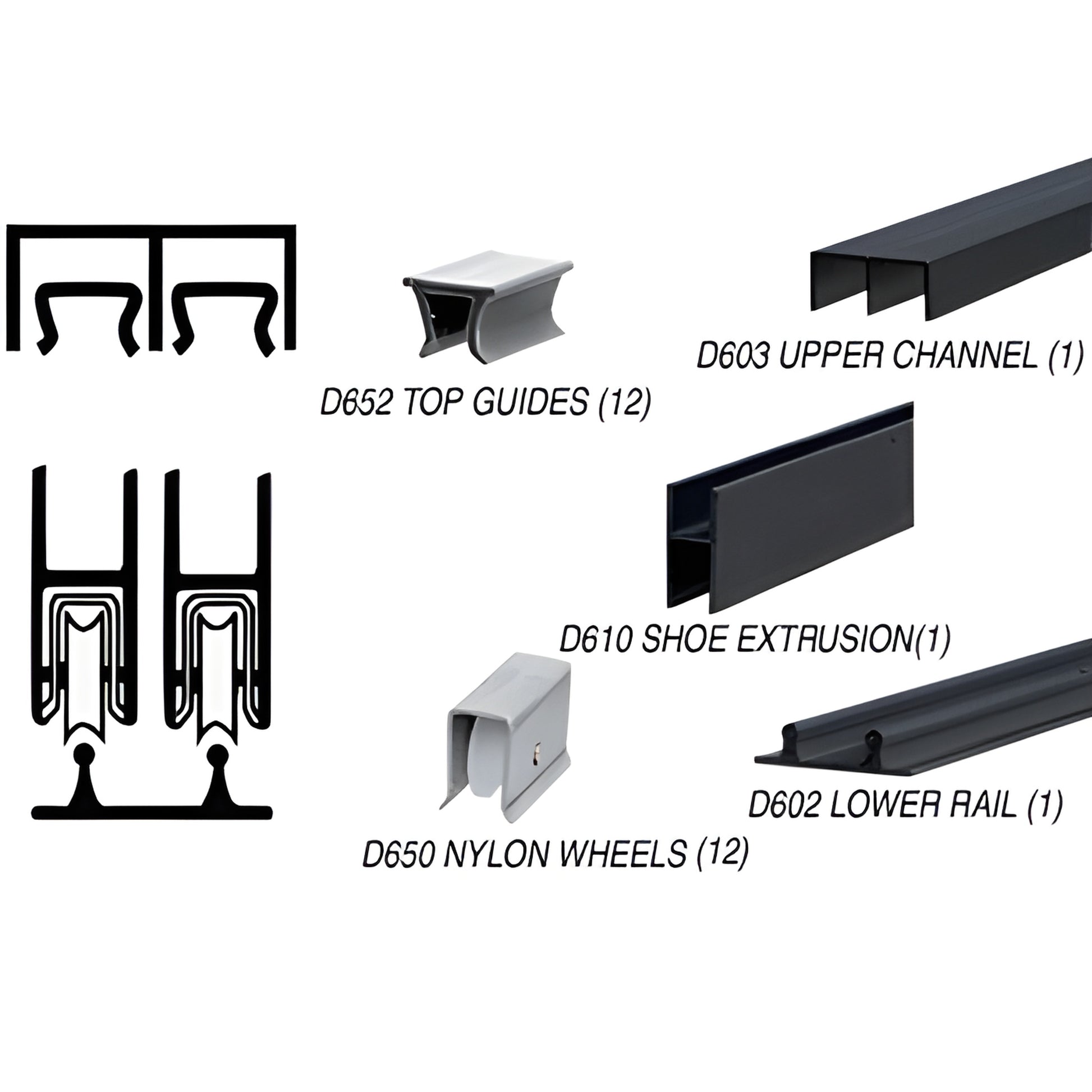 D2203BL flat-black aluminum low-profile rolling track assembly with D650 nylon wheels for 1/4" glass display cases.