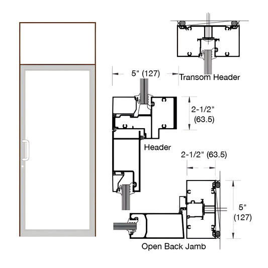 Black Bronze Anodized transom impact door frame with single door, air threshold, 21 2" x 5" profile. SKU 0F61822