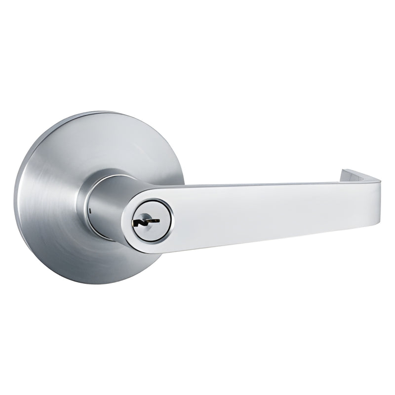 DL51LKDA satin chrome lever trim with key cylinder, lever-handle entry for panic exit devices