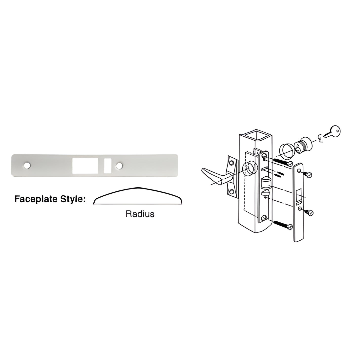 Aluminum radius faceplate DL2142A, 1" x 6-7/8", for DL2140 series deadlatch, door edge finish match.