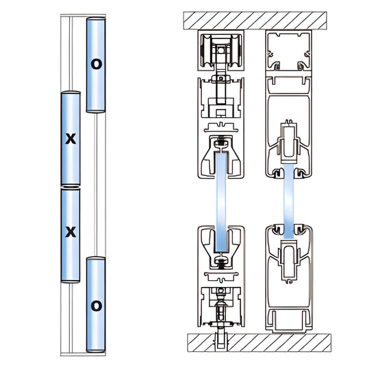 Overhead track diagram for CRL OTS (SKU 0TS202DU) showing roller carriages, tempered glass panels.