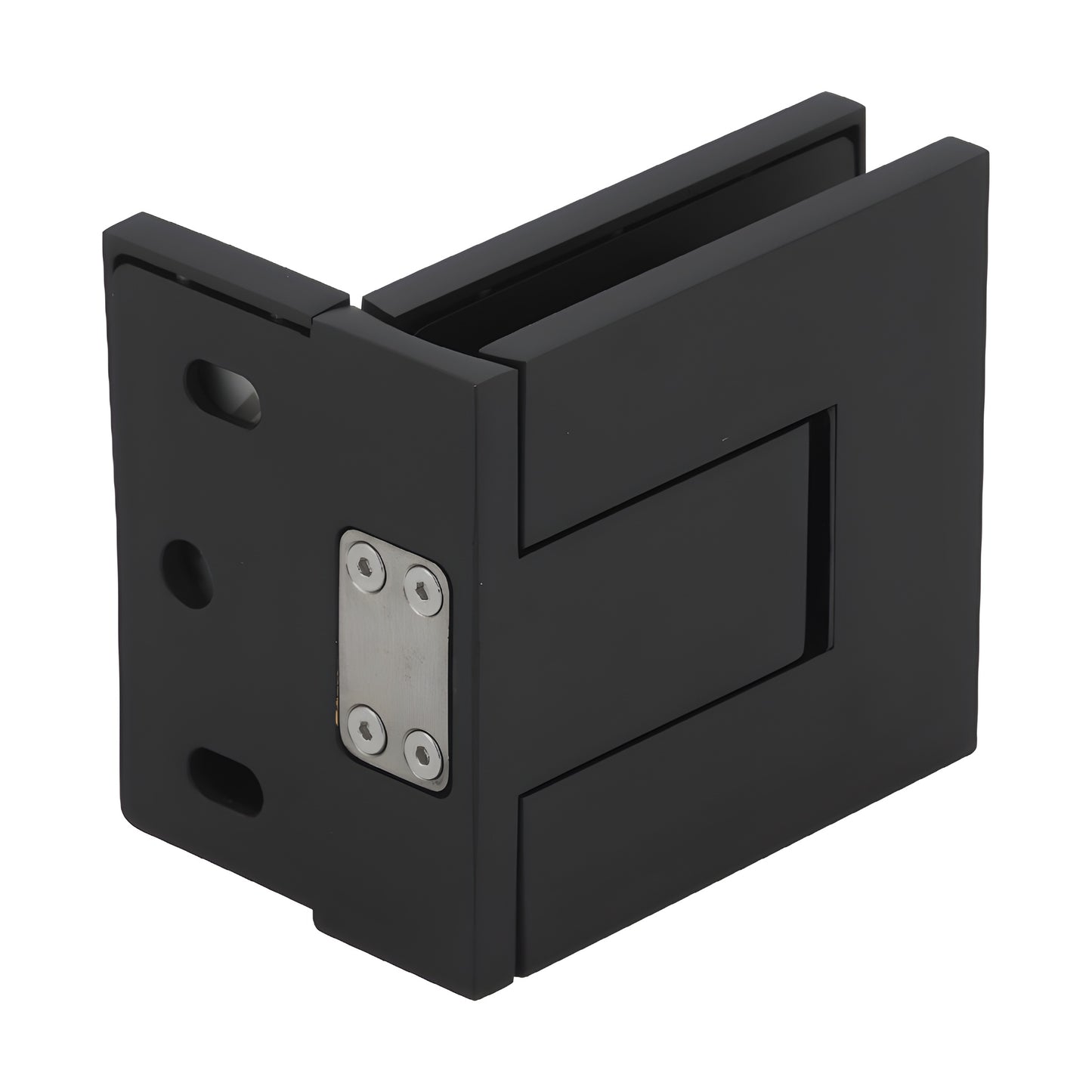 PAL044MBL matte black Palermo frameless glass door hinge, square offset back plate, fits 3/8-1/2 in (10-12mm) glass.