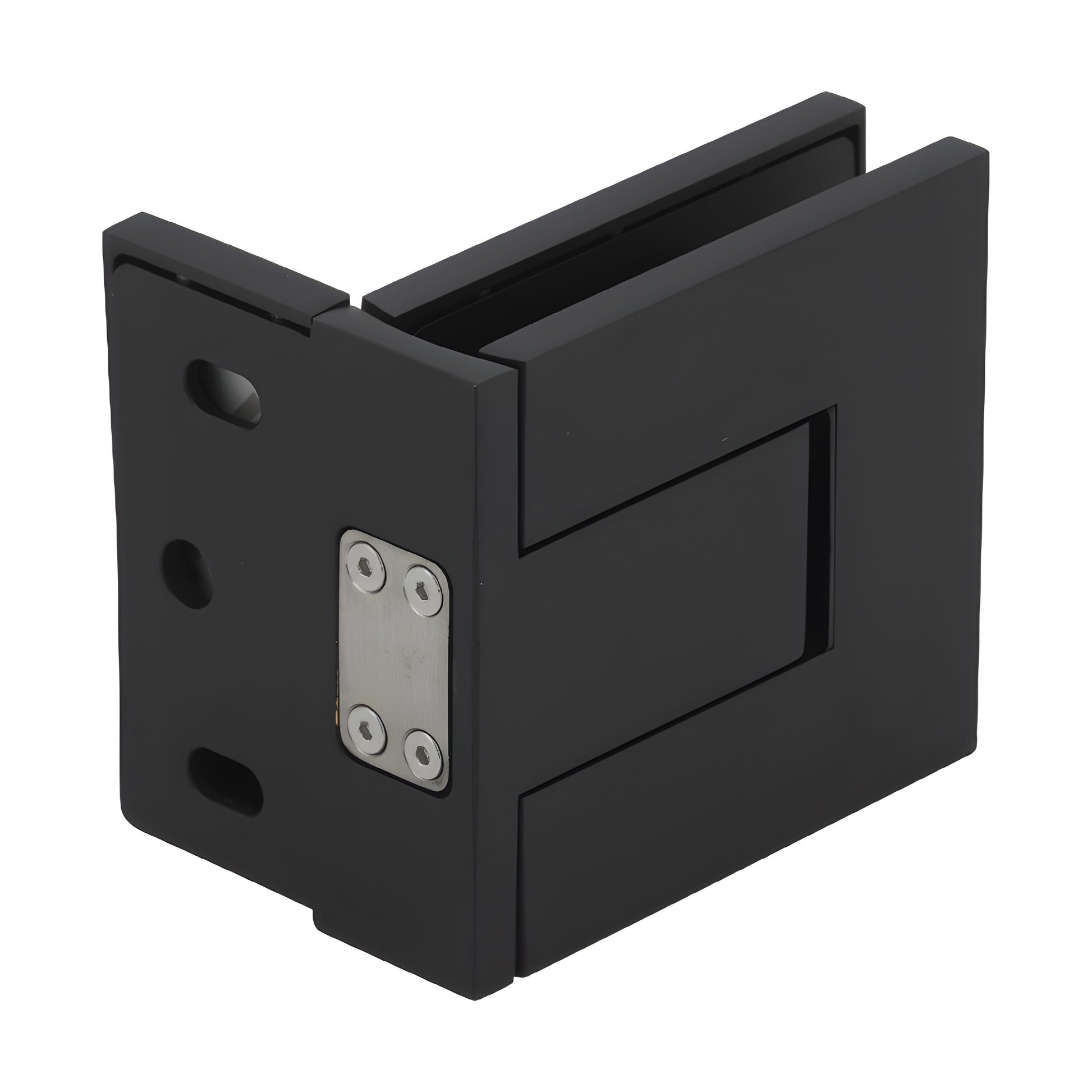 PAL044MBL matte black Palermo frameless glass door hinge, square offset back plate, fits 3/8-1/2 in (10-12mm) glass.
