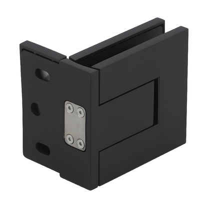 PAL044MBL matte black Palermo frameless glass door hinge, square offset back plate, fits 3/8-1/2 in (10-12mm) glass.