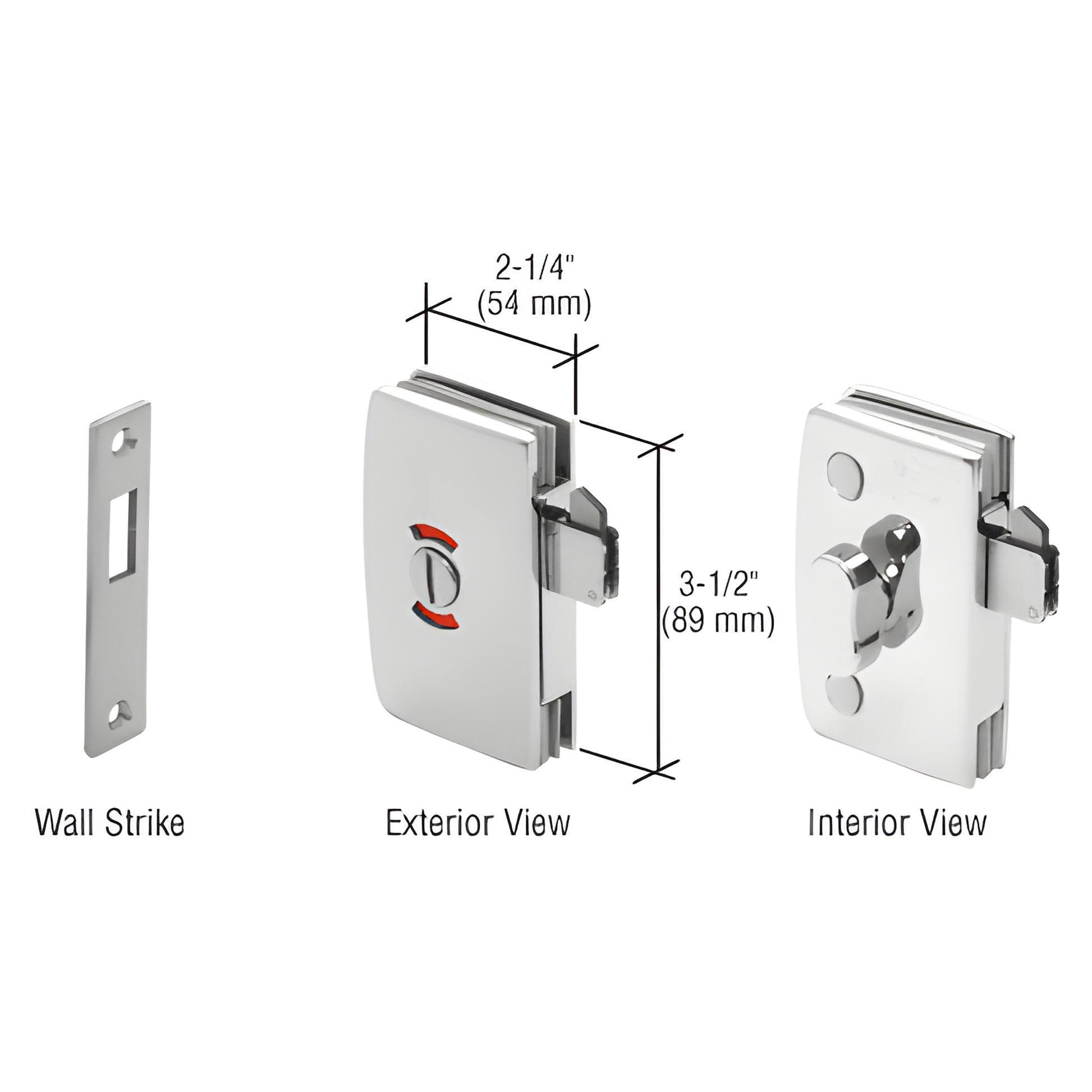 CRL 703CCH polished chrome sliding glass door lock set: wall strike, exterior indicator (red/blue), interior thumbturn, 2-1/4