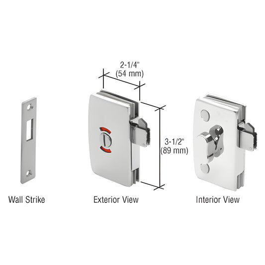 CRL 703CCH polished chrome sliding glass door lock set: wall strike, exterior indicator (red/blue), interior thumbturn, 2-1/4