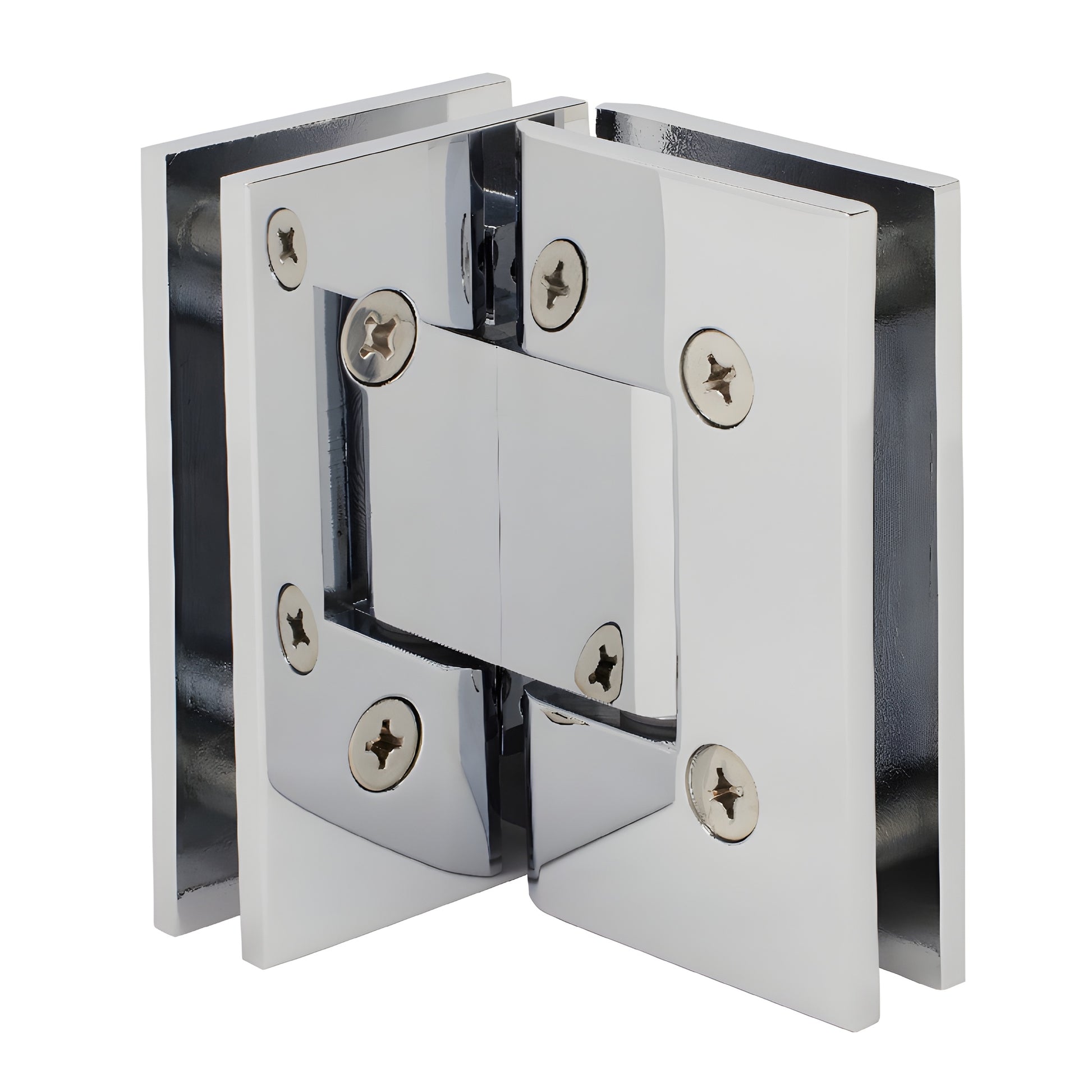 Polished chrome square glass-to-glass shower hinge (GEN092CH), brass, self-centering 90 pivot for 8-12mm glass.