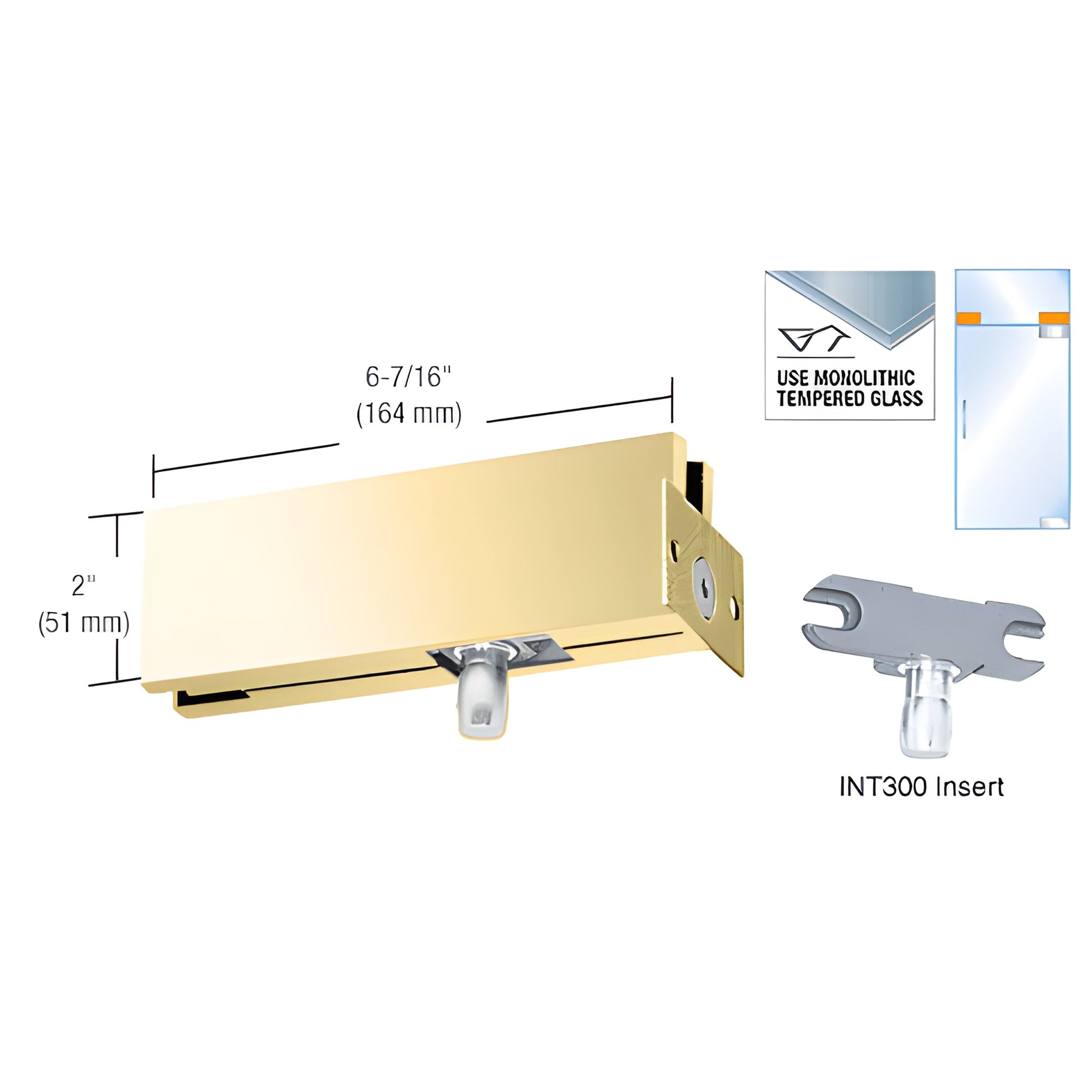PH34BR polished brass wall-mounted transom patch with INT300 insert for monolithic tempered glass doors.