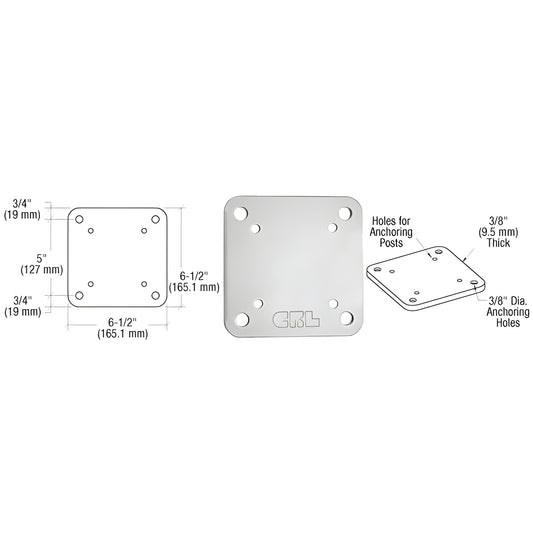 BP6S silver metallic aluminum square base plate 6-1/2" with countersunk/anchoring holes, moisture gasket included