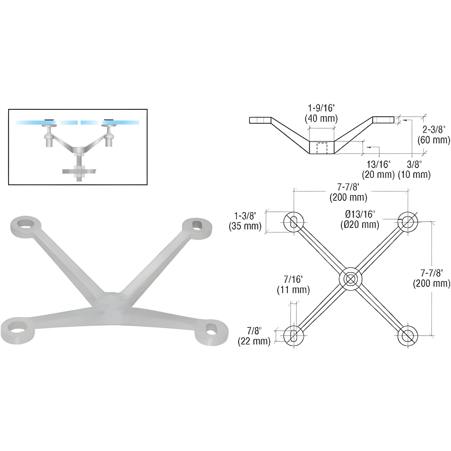 PMR4BS CRL stainless steel four-arm center-post glass fitting, mounts two inline tempered glass panels up to 1/2" (12 mm)