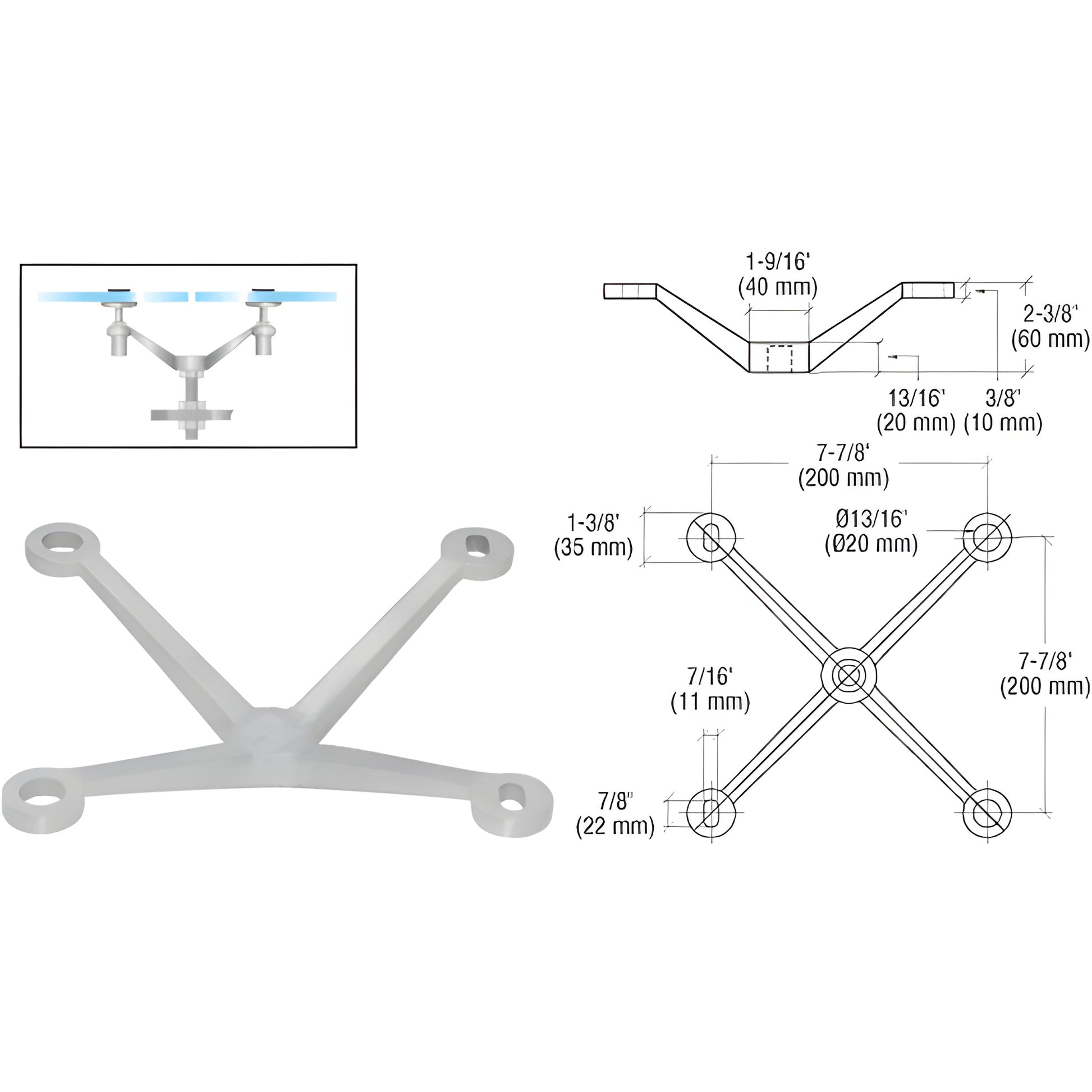 PMR4BS CRL stainless steel four-arm center-post glass fitting, mounts two inline tempered glass panels up to 1/2" (12 mm)