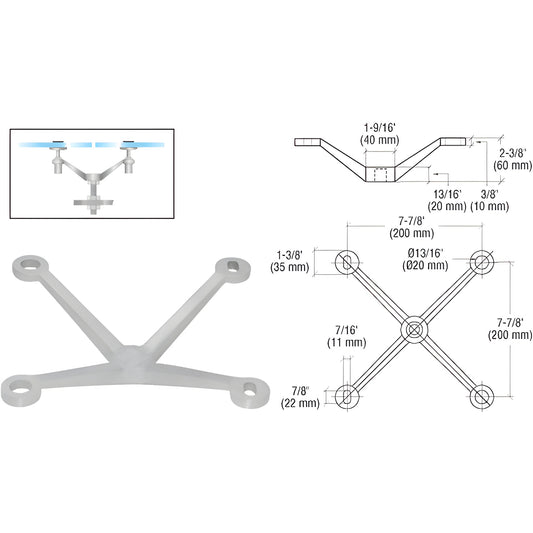 PMR4BS CRL stainless steel four-arm center-post glass fitting, mounts two inline tempered glass panels up to 1/2" (12 mm)