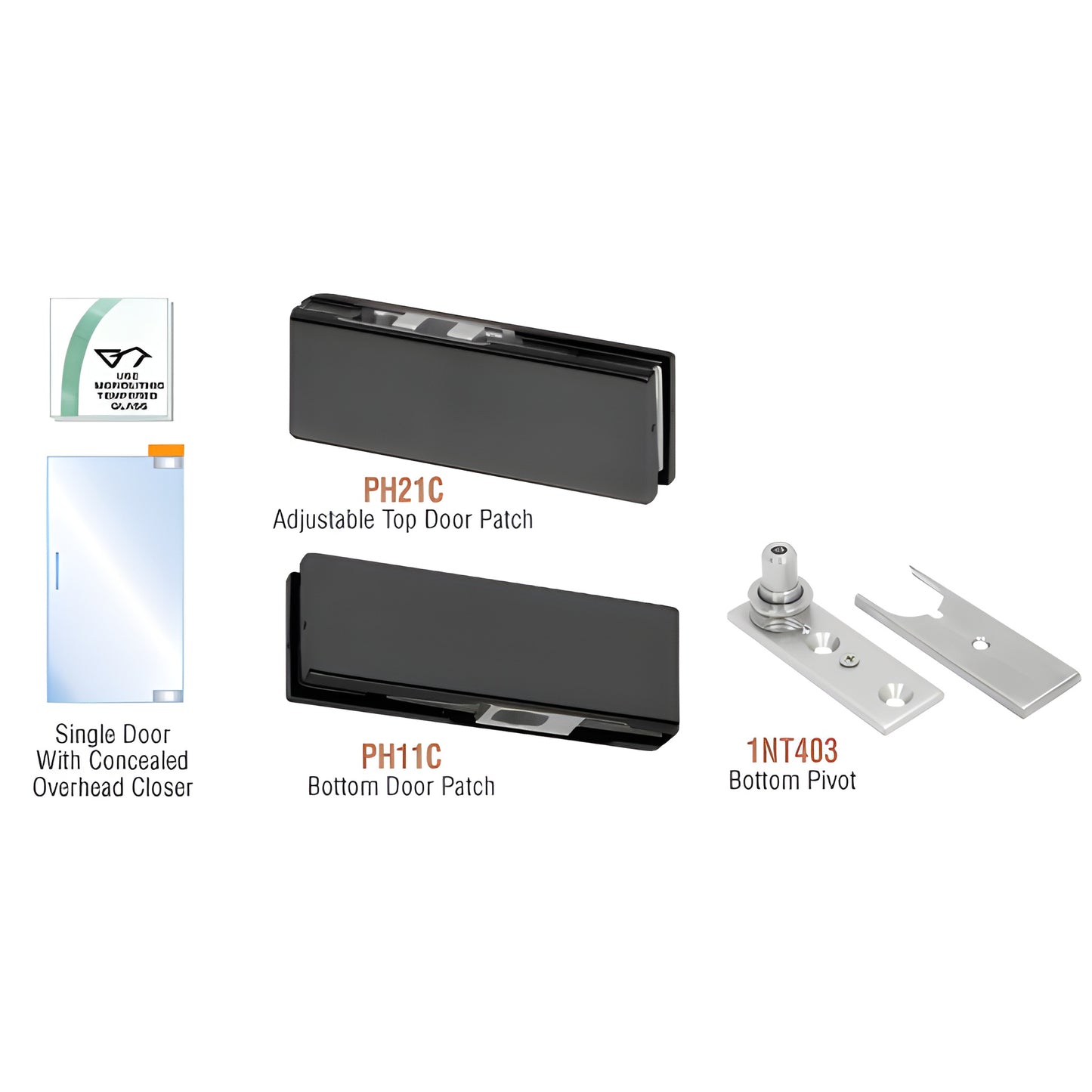 PHE2MBL matte black European patch door kit: adjustable top patch, bottom patch and bottom pivot for single glass door.
