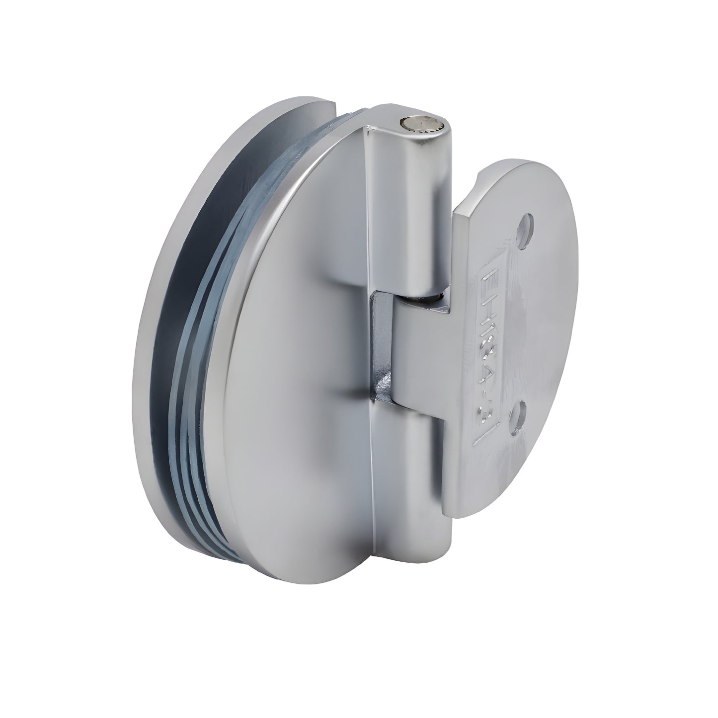 EH185 half-round satin chrome glass hinge for 1/4-5/16" (6-8mm) glass, wall-mount, 24" max door width.