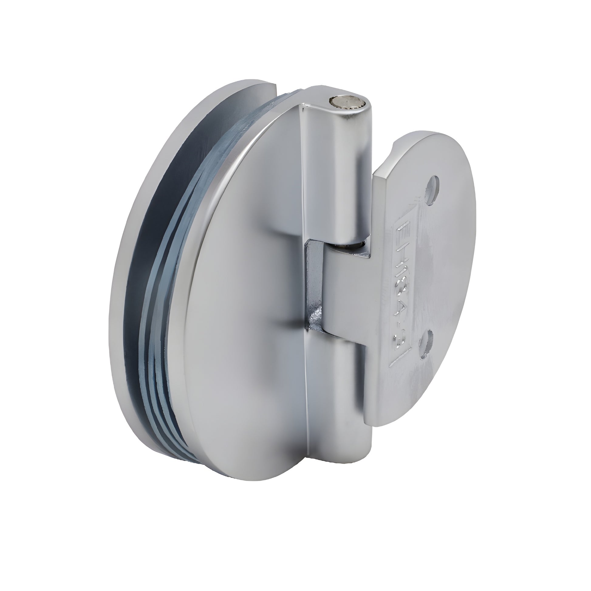 EH185 half-round satin chrome glass hinge for 1/4-5/16" (6-8mm) glass, wall-mount, 24" max door width.