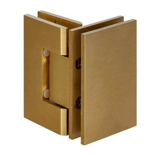"Satin Brass Geneva 092 Series Glass-to-Glass Hinge: 90° Shower Door Hinge for Modern Spac