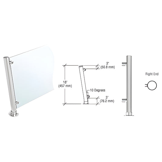 PP46REBS: 18in brushed stainless slanted round post, flat cap, adhesive base, standoff fittings for 3/8in glass