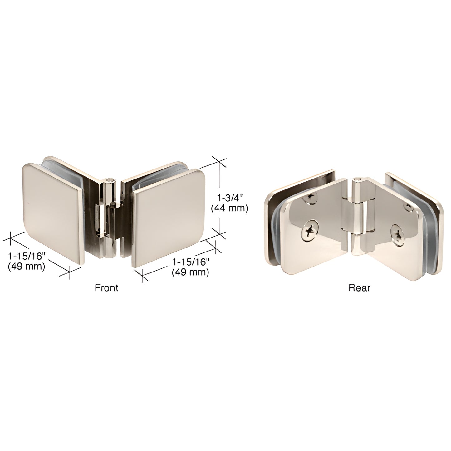 ADJ180PN polished nickel adjustable brass glass-to-glass clamp for 8-12mm tempered glass, angled 90-180