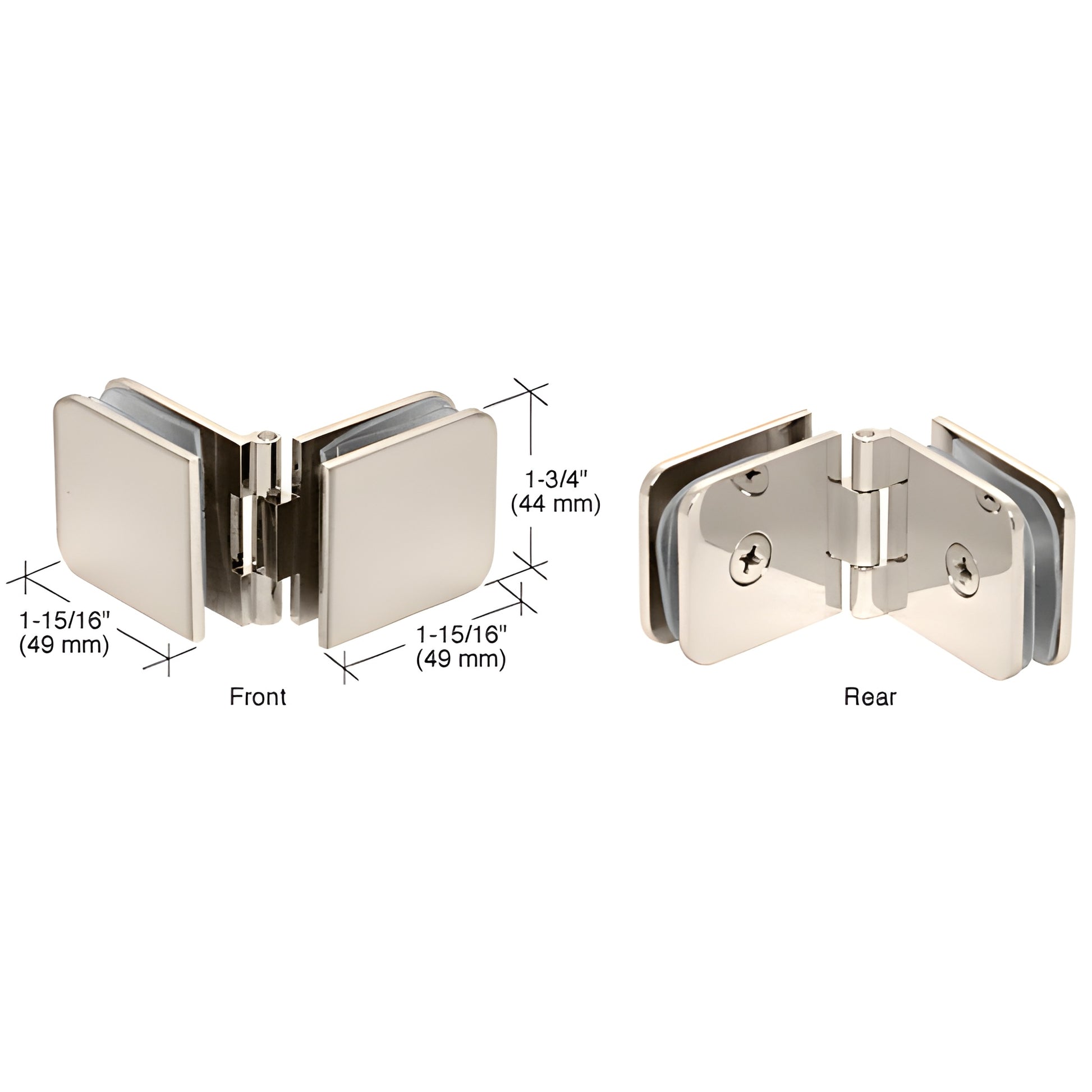 ADJ180PN polished nickel adjustable brass glass-to-glass clamp for 8-12mm tempered glass, angled 90-180