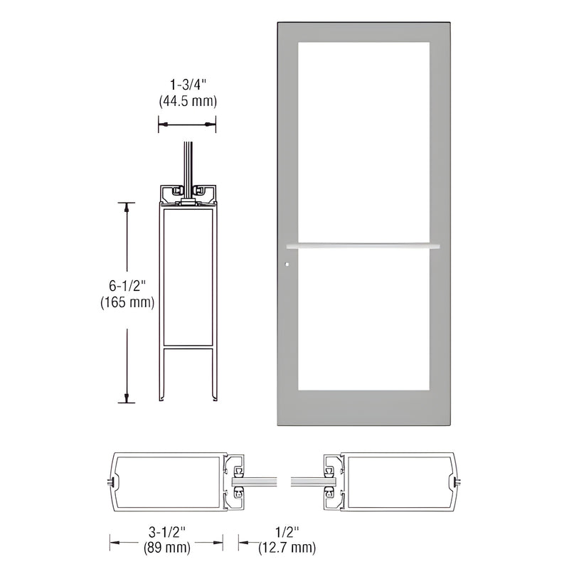 DC41711 clear anodized medium-stile commercial entrance door, 31 2 stiles, 61 2 bottom rail, glazing opening.