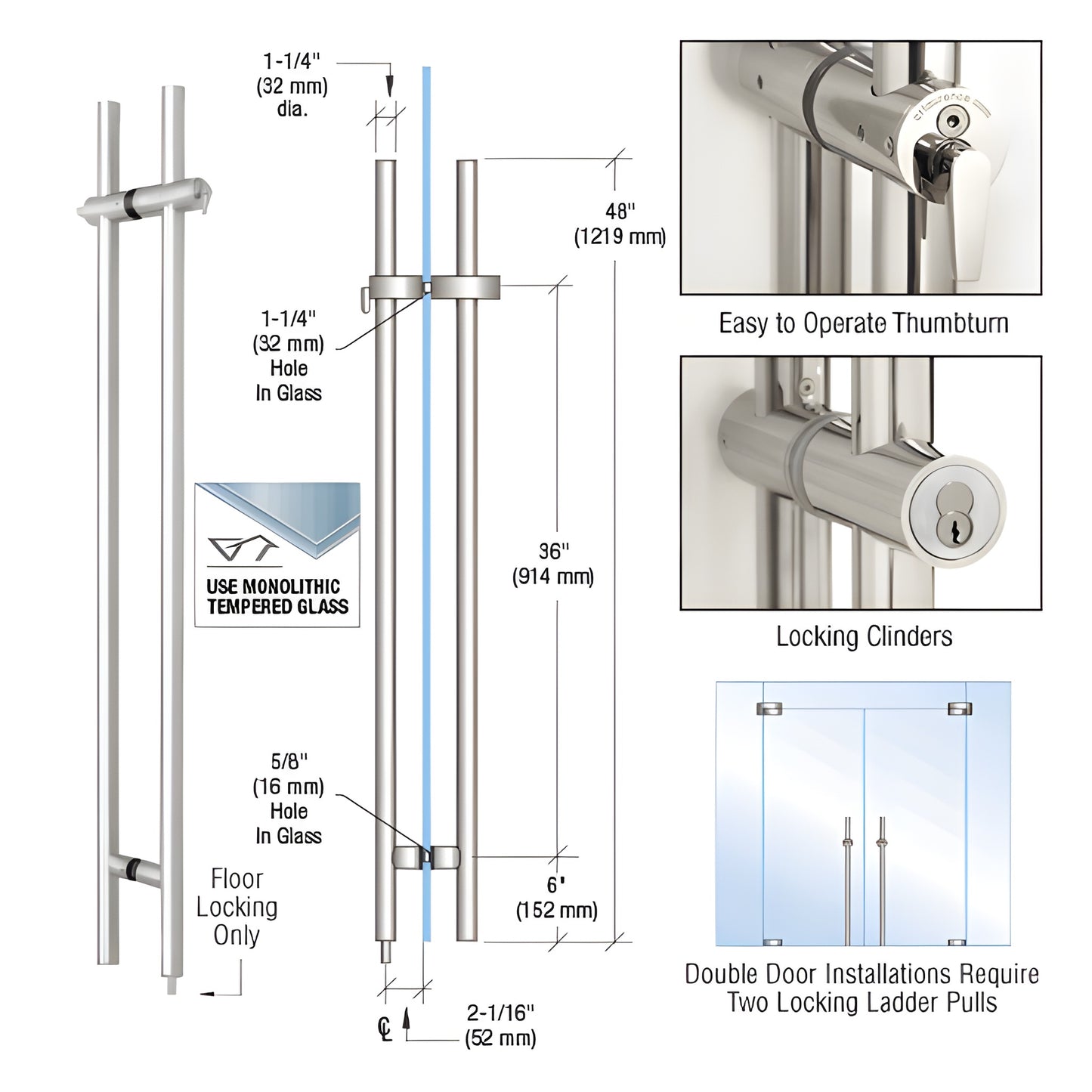LLPA48PS polished 316 stainless locking ladder pull for glass doors, 48" long, ADA thumbturn, floor-locking, back-to-back mou