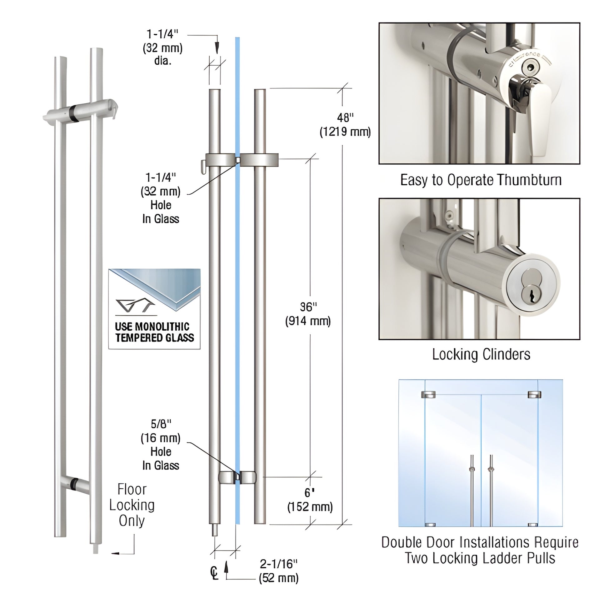 LLPA48PS polished 316 stainless locking ladder pull for glass doors, 48" long, ADA thumbturn, floor-locking, back-to-back mou
