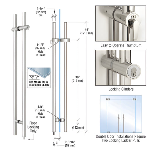 LLPA48PS polished 316 stainless locking ladder pull for glass doors, 48" long, ADA thumbturn, floor-locking, back-to-back mou