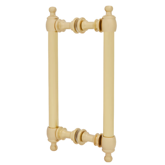 Satin brass Colonial back-to-back pull handle, 3/4" tubular, 8" center-to-center, fits 1/4-1/2" tempered glass.
